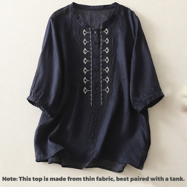 Buddha Stones Symmetrical Embroidery Cotton Linen Women's Half Sleeves Shirt - image 2