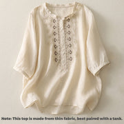 Buddha Stones Symmetrical Embroidery Cotton Linen Women's Half Sleeves Shirt - image 19