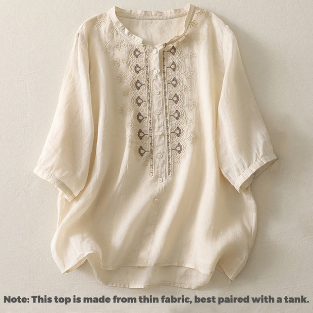 Buddha Stones Symmetrical Embroidery Cotton Linen Women's Half Sleeves Shirt - image 19