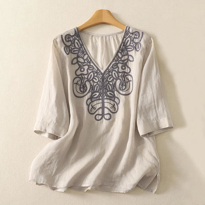Buddha Stones Embroidered V-neck Casual Women's Cotton Linen Half Sleeve T-shirt - Beige - US14，UK/AU18，EU46 (2XL) - image 1