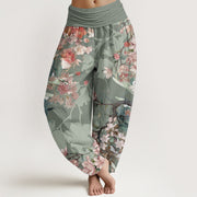 Buddha Stones Pure Cotton Red Pink Blooming Flowers Lush Branches Women's Elastic Waist Harem Pants - DarkSeaGreen - US22，UK/AU26，EU54 (6XL) - image 1