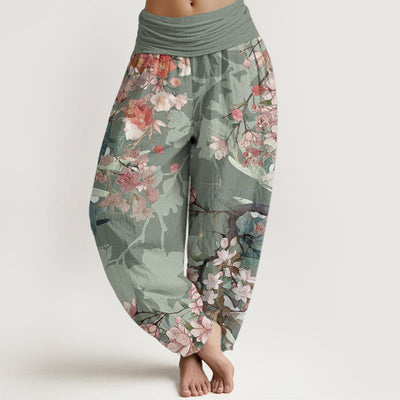 Buddha Stones Pure Cotton Red Pink Blooming Flowers Lush Branches Women's Elastic Waist Harem Pants - DarkSeaGreen - US22，UK/AU26，EU54 (6XL) - image 1