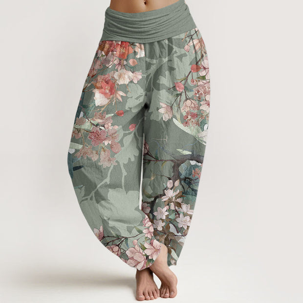 Buddha Stones Pure Cotton Red Pink Blooming Flowers Lush Branches Women's Elastic Waist Harem Pants - DarkSeaGreen - US22，UK/AU26，EU54 (6XL) - image 1