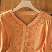 Buddha Stones Symmetrical Embroidery Cotton Women's V-neck Shirt - image 24