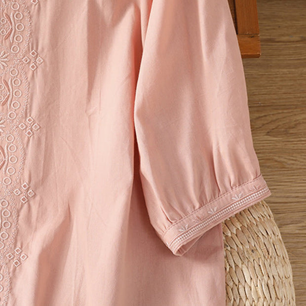 Buddha Stones Symmetrical Embroidery Cotton Women's V-neck Shirt - image 29