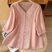 Buddha Stones Symmetrical Embroidery Cotton Women's V-neck Shirt - Pink - US12，UK/AU16，EU44 (2XL) - image 27