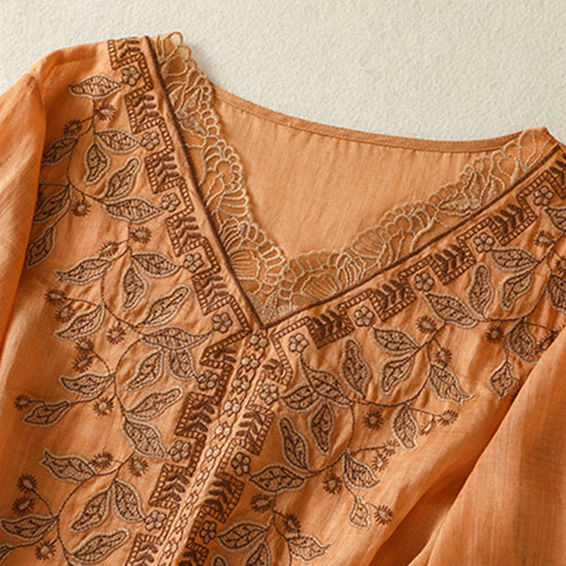 Buddha Stones Embroidered Lace Casual Women's Cotton Linen Half Sleeve T-shirt - image 8