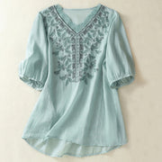 Buddha Stones Embroidered Lace Casual Women's Cotton Linen Half Sleeve T-shirt - LightSkyBlue - US8-10，UK/AU12-14，EU40-42 (2XL) - image 9
