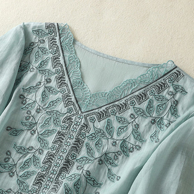 Buddha Stones Embroidered Lace Casual Women's Cotton Linen Half Sleeve T-shirt - image 14