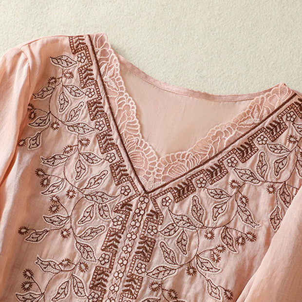 Buddha Stones Embroidered Lace Casual Women's Cotton Linen Half Sleeve T-shirt - image 27