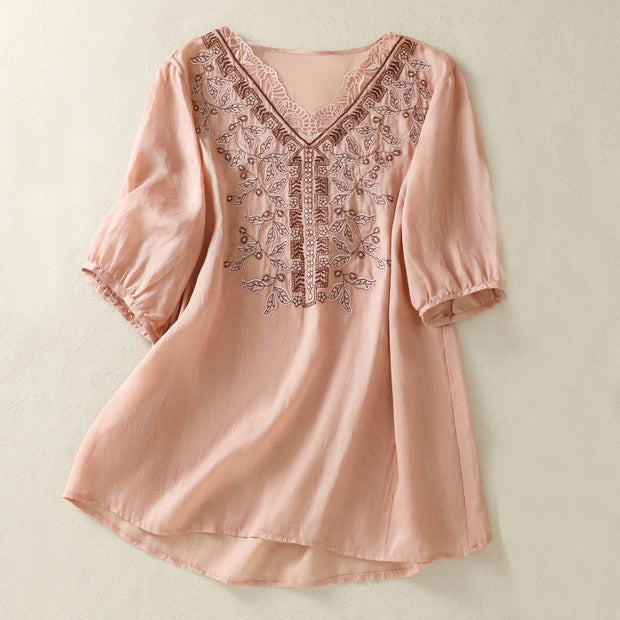 Buddha Stones Embroidered Lace Casual Women's Cotton Linen Half Sleeve T-shirt - Pink - US8-10，UK/AU12-14，EU40-42 (2XL) - image 20