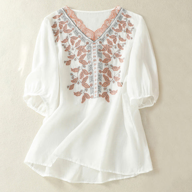 Buddha Stones Embroidered Lace Casual Women's Cotton Linen Half Sleeve T-shirt - White - US8-10，UK/AU12-14，EU40-42 (2XL) - image 30