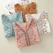 Buddha Stones Embroidered Lace Casual Women's Cotton Linen Half Sleeve T-shirt - image 37