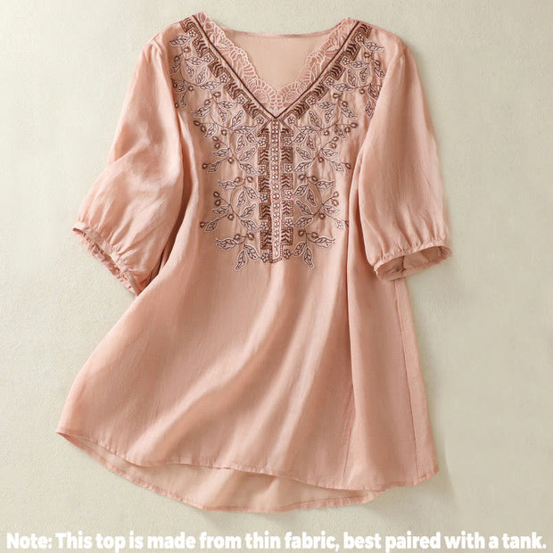Buddha Stones Embroidered Lace Casual Women's Cotton Linen Half Sleeve T-shirt - image 21