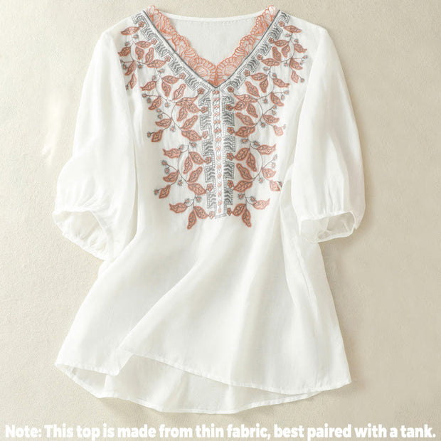 Buddha Stones Embroidered Lace Casual Women's Cotton Linen Half Sleeve T-shirt - image 31
