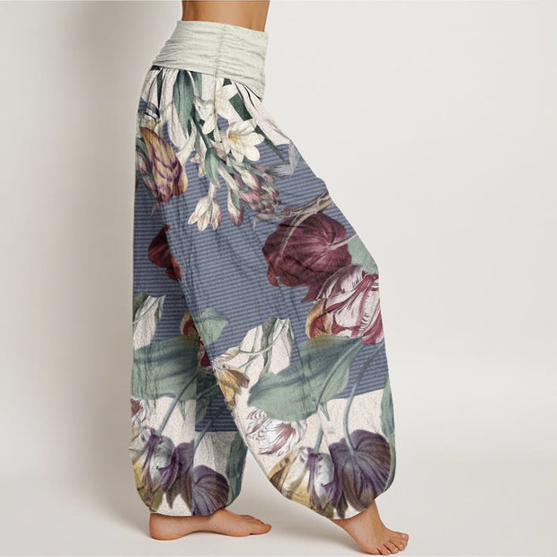 Buddha Stones Pure Cotton Tulips Green Leaves Design Women's Elastic Waist Harem Pants - image 9