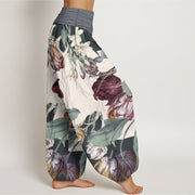 Buddha Stones Pure Cotton Tulips Green Leaves Design Women's Elastic Waist Harem Pants - image 12