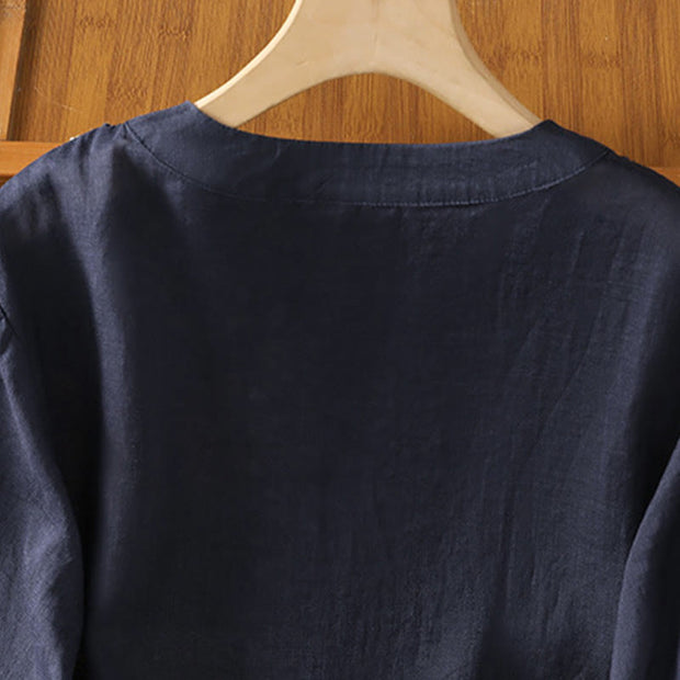 Buddha Stones Symmetrical Embroidery Cotton Women's Crew Neck Shirt - image 5