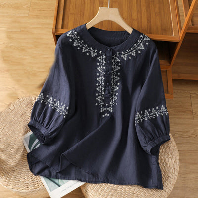 Buddha Stones Symmetrical Embroidery Cotton Women's Crew Neck Shirt - MidnightBlue - US14，UK/AU18，EU46 (2XL) - image 1