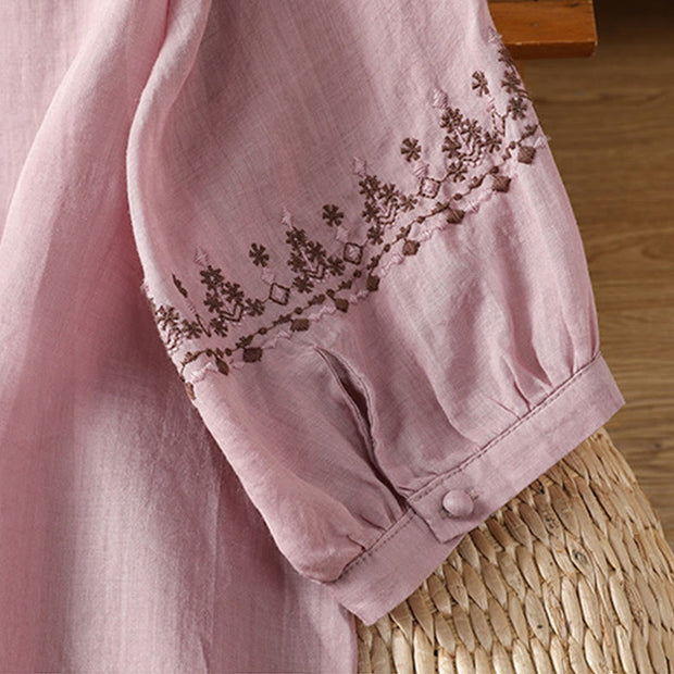 Buddha Stones Symmetrical Embroidery Cotton Women's Crew Neck Shirt - image 12