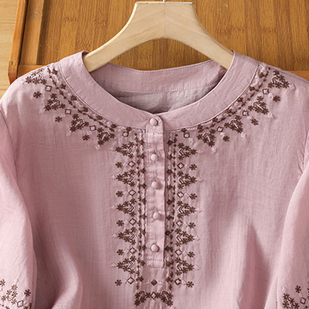 Buddha Stones Symmetrical Embroidery Cotton Women's Crew Neck Shirt - image 14