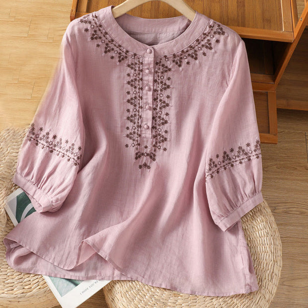 Buddha Stones Symmetrical Embroidery Cotton Women's Crew Neck Shirt - Plum - US14，UK/AU18，EU46 (2XL) - image 7