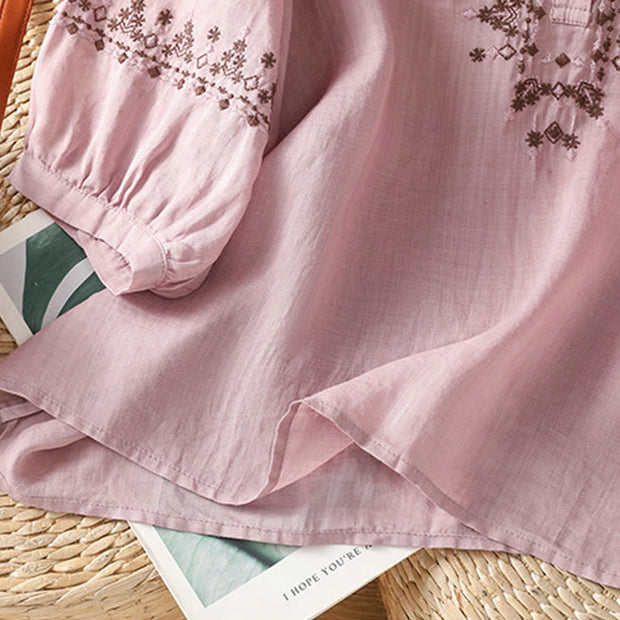 Buddha Stones Symmetrical Embroidery Cotton Women's Crew Neck Shirt - image 11