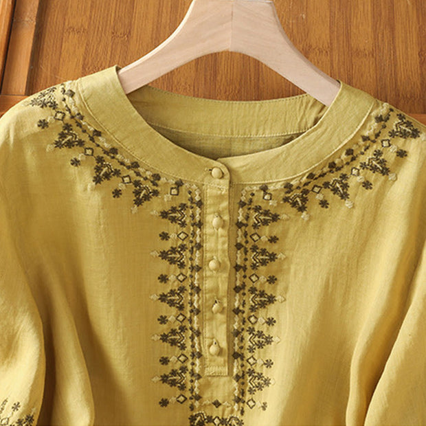 Buddha Stones Symmetrical Embroidery Cotton Women's Crew Neck Shirt - image 20