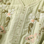 Buddha Stones Embroidery Flowers Leaves Cotton Women's V-neck Shirt - image 16