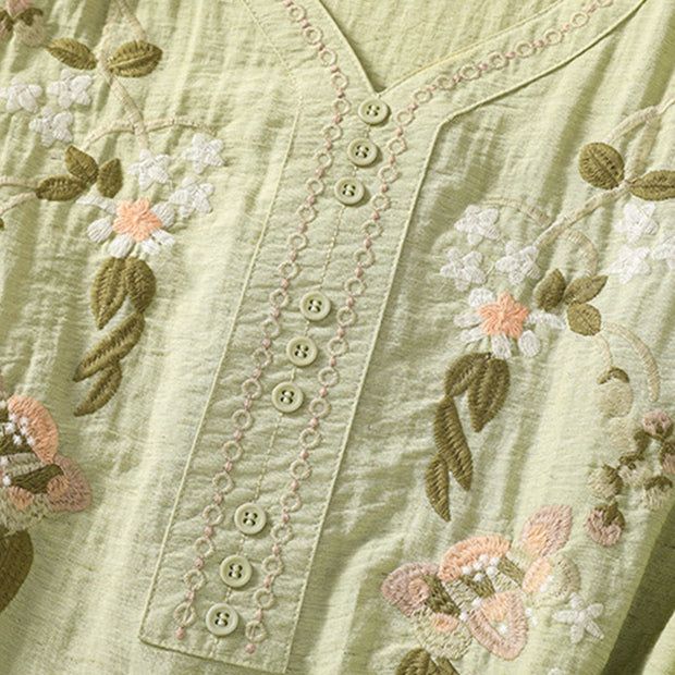 Buddha Stones Embroidery Flowers Leaves Cotton Women's V-neck Shirt - image 16