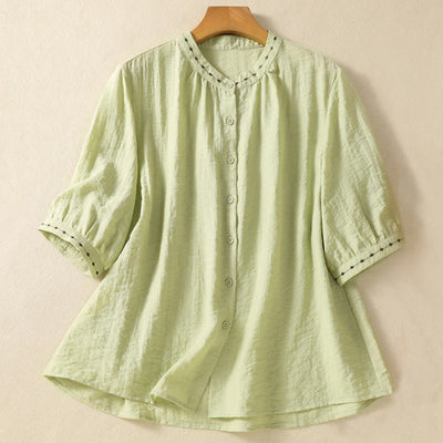 Buddha Stones Embroidery Design Cotton Button Women's Crew Neck Shirt - LightGreen - US14，UK/AU18，EU46 (2XL) - image 1