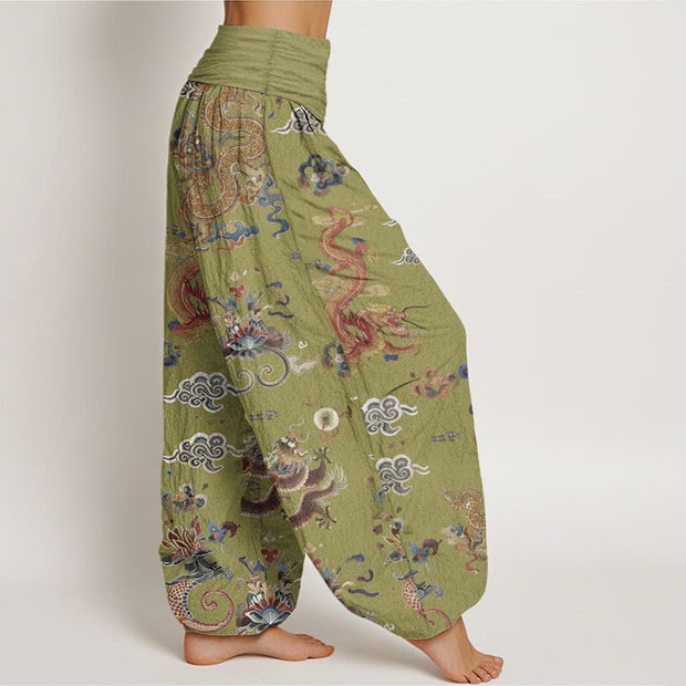 Buddha Stones Pure Cotton Golden Dragons Auspicious Clouds Design Women's Elastic Waist Harem Pants - image 12