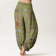 Buddha Stones Pure Cotton Golden Dragons Auspicious Clouds Design Women's Elastic Waist Harem Pants - image 11