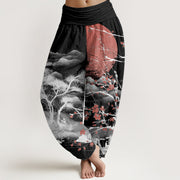Buddha Stones Pure Cotton Casual Red Plum Blossom Mountains Sun Pattern Women's Elastic Waist Harem Pants - Black - US22，UK/AU26，EU54 (6XL) - image 7