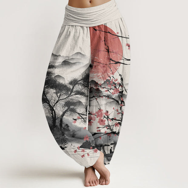 Buddha Stones Pure Cotton Casual Red Plum Blossom Mountains Sun Pattern Women's Elastic Waist Harem Pants - Beige - US22，UK/AU26，EU54 (6XL) - image 10