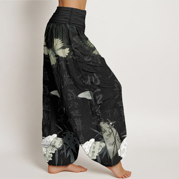 Buddha Stones Pure Cotton Butterfly Bamboo Leaves Chinese Characters Pattern Women's Elastic Waist Harem Pants - image 3