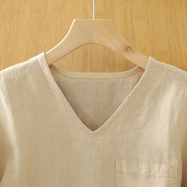 Buddha Stones Casual Plain Women's Cotton Linen V-Neck T-shirt With Pocket - image 2
