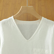 Buddha Stones Casual Plain Women's Cotton Linen V-Neck T-shirt With Pocket - image 8