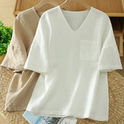 Buddha Stones Casual Plain Women's Cotton Linen V-Neck T-shirt With Pocket - image 15