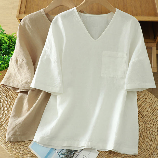 Buddha Stones Casual Plain Women's Cotton Linen V-Neck T-shirt With Pocket - image 15