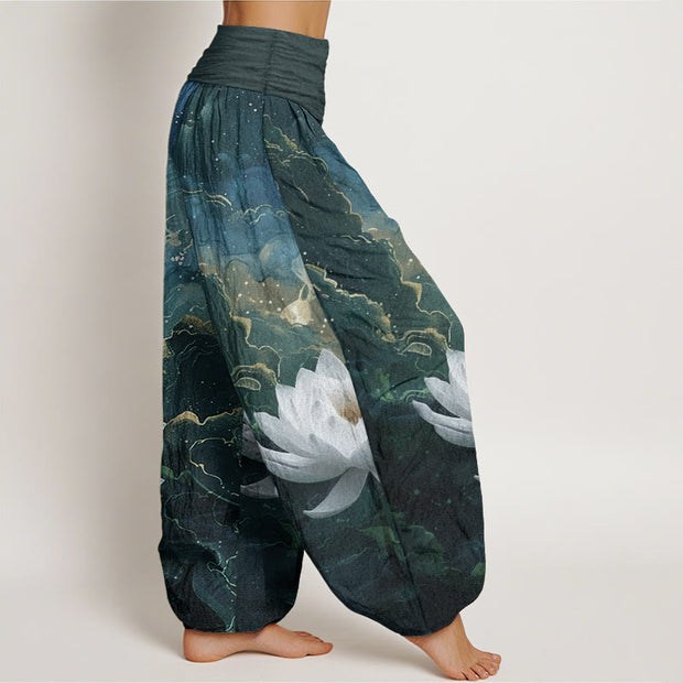 Buddha Stones Pure Cotton Casual Lotus Starry Sky Clouds Pattern Women's Elastic Waist Harem Pants - image 3