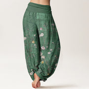 Buddha Stones Pure Cotton Pink White Flowers Bamboo Leaves Fruits Design Women's Elastic Waist Harem Pants - image 8
