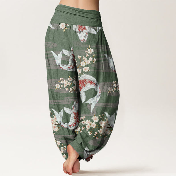 Buddha Stones Casual Cherry Blossoms Koi Fish Pattern Women's Elastic Waist Harem Pants - image 8