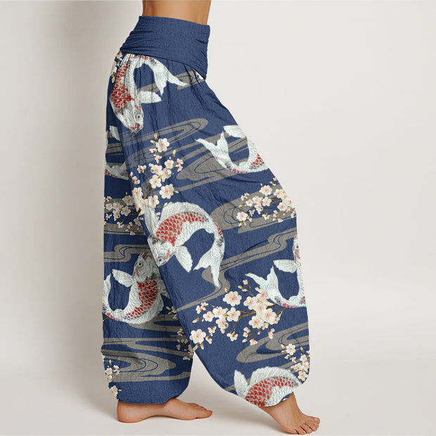 Buddha Stones Casual Cherry Blossoms Koi Fish Pattern Women's Elastic Waist Harem Pants - image 10