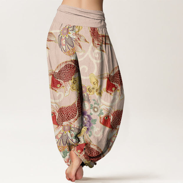 Buddha Stones Casual Floral Koi Pattern Women's Elastic Waist Harem Pants - image 3