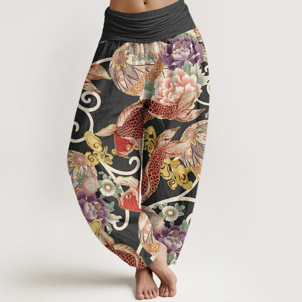 Buddha Stones Casual Floral Koi Pattern Women's Elastic Waist Harem Pants - Black - US22，UK/AU26，EU54 (6XL) - image 6