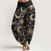 Buddha Stones Pure Cotton Crescent Moon Sun Stars Pattern Design Women's Elastic Waist Harem Pants - Black - US22，UK/AU26，EU54 (6XL) - image 1