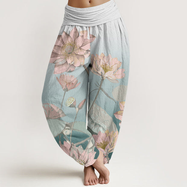 Buddha Stones Casual Blooming Lotus Flower Pattern Women's Elastic Waist Harem Pants - CadetBlue - US22，UK/AU26，EU54 (6XL) - image 1