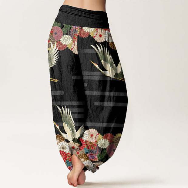 Buddha Stones Casual Crane Chrysanthemum Pattern Women's Elastic Waist Harem Pants - image 3