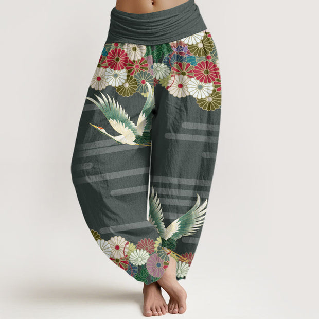 Buddha Stones Casual Crane Chrysanthemum Pattern Women's Elastic Waist Harem Pants - SeaGreen - US22，UK/AU26，EU54 (6XL) - image 5